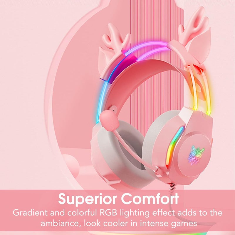 ONITOON Gaming Headset with Microphone, Deer Ears Headphones for PC Laptop PS4 PS5 Xbox Switch, Rainbow RGB Lighting & Virtual Surround Sound, 3.5mm Over Ear Headphones, Ergonomic - Image 2